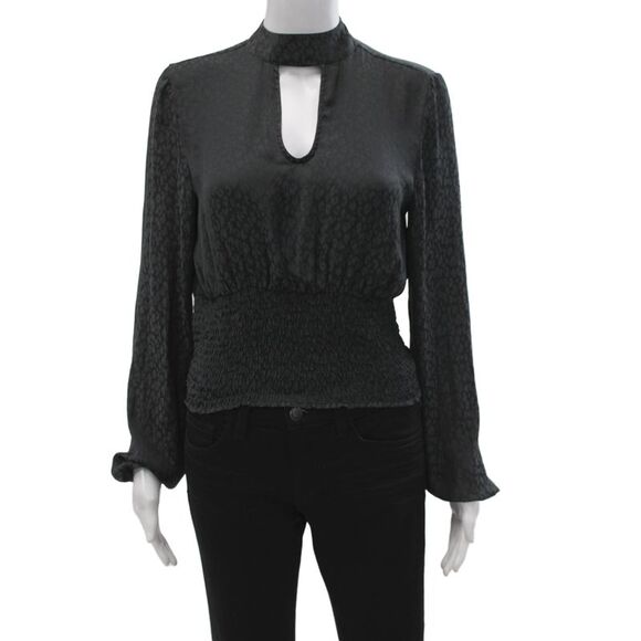 Steve Madden Tops - Steve Madden Womens Cropped Animal Print High Neck Button Black Blouse Size S